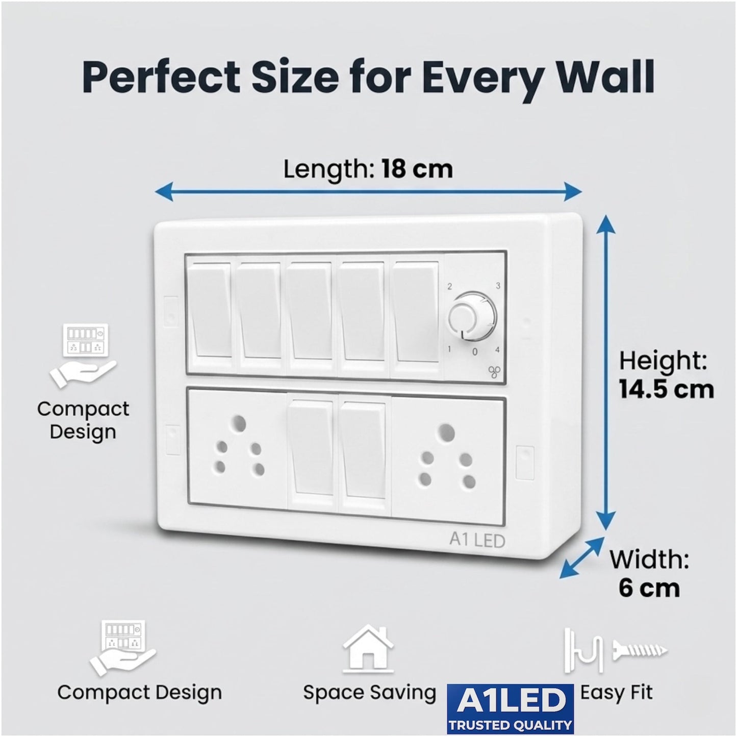 A1 LED 12 Modular Switch Board | 7 Switches + 2 Universal Sockets + Fan Regulator | Shock Proof & Fire Resistant | For Home, Office & Kitchen A1 LED