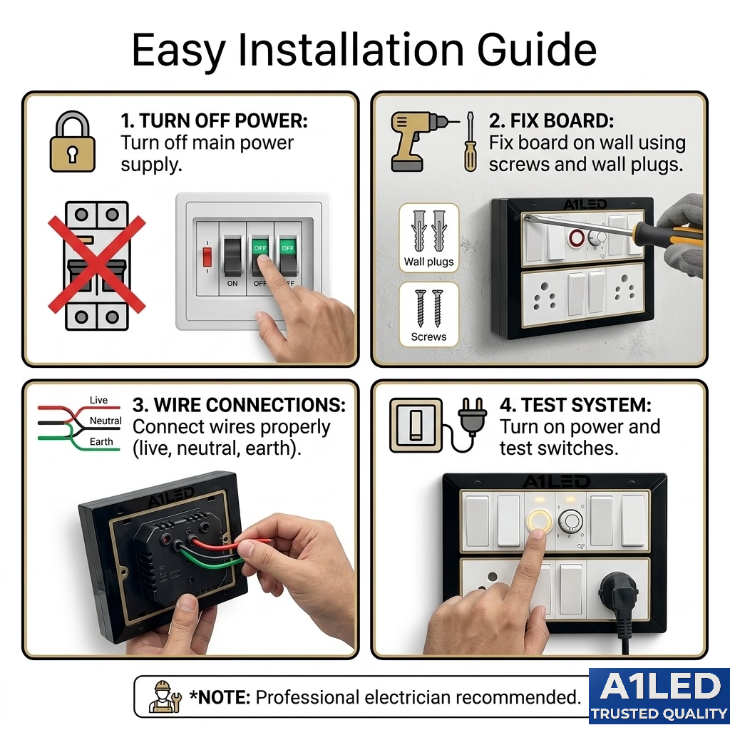 A1LED 12 Modular Switch Board with Regulator & Indicator | 6 Switches 10A, 2 Sockets 6A | Wall Mount Electrical Board | Black & Gold Finish A1 LED