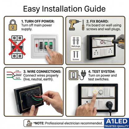 A1LED 12 Modular Switch Board with Regulator & Indicator | 6 Switches 10A, 2 Sockets 6A | Wall Mount Electrical Board | Black & Gold Finish A1 LED