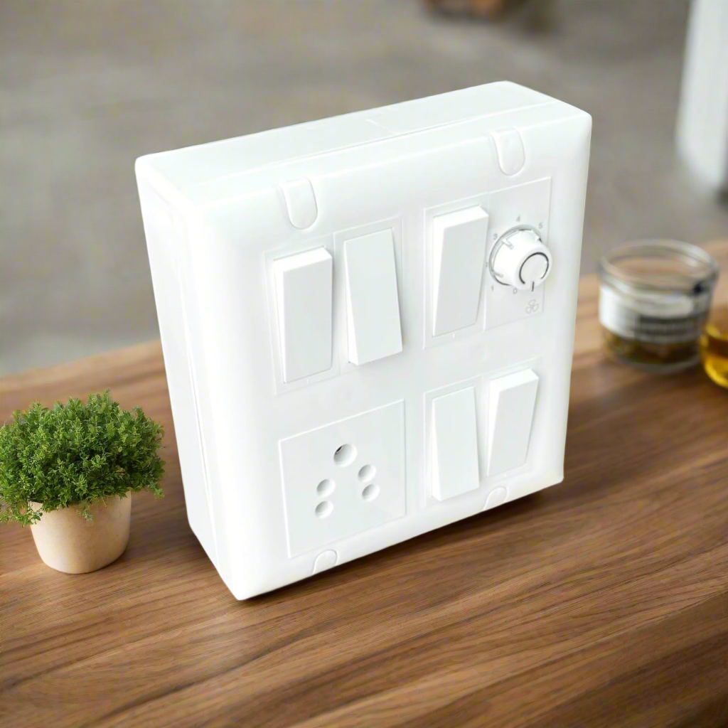 A1LED 8 Modular Electrical Switch Board with 5 Switches, 1 Socket & 1 Regulator – White, Heavy Du A1 LED