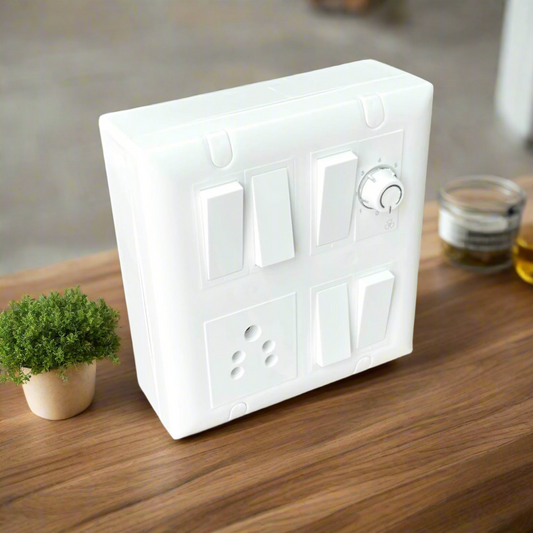 A1LED 8 Modular Electrical Switch Board with 5 Switches, 1 Socket & 1 Regulator – White, Heavy Du A1 LED