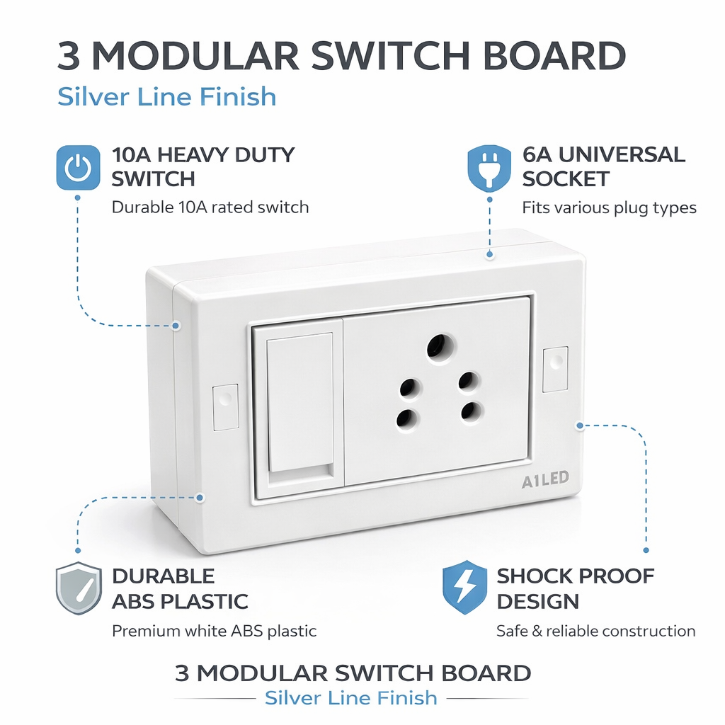 A1 LED 3 Modular Surface Gang Box | 6A Socket & 10A Flat Switch | Silver Line | Fire-Resistant ABS Plastic | For Home, Office & Shop A1 LED