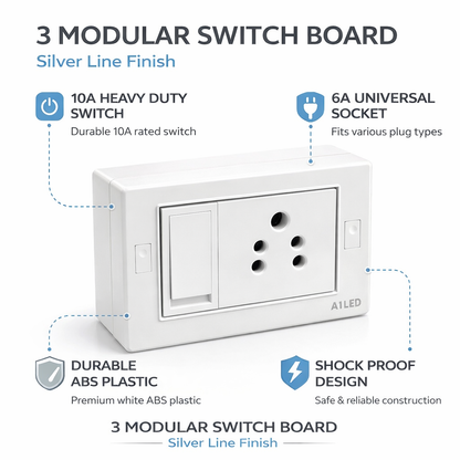 A1 LED 3 Modular Surface Gang Box | 6A Socket & 10A Flat Switch | Silver Line | Fire-Resistant ABS Plastic | For Home, Office & Shop A1 LED