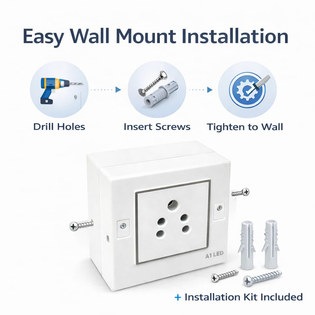 A1 LED 2 Module Modular Switch Board with 1 Socket (6A) – Compact Wall Mount Electric Board, White, Durable & Shock Resistant for Home and Office A1 LED