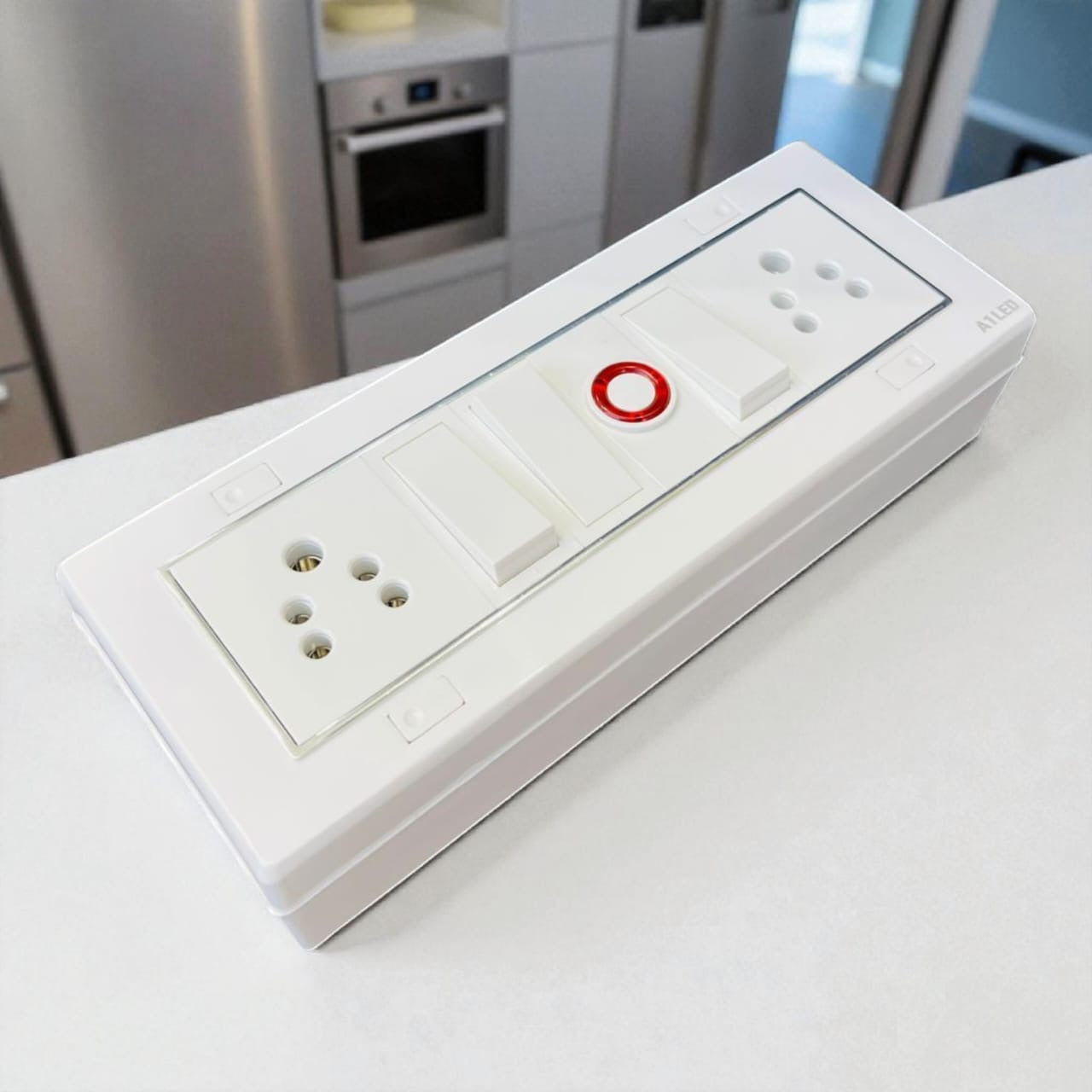 A1 LED Modular Switch Board with 2 Universal Sockets, 3 Rocker Switches, Indicator Light | 8 Module Silver Line Design | White Panel for Home, Office & Commercial Use A1 LED