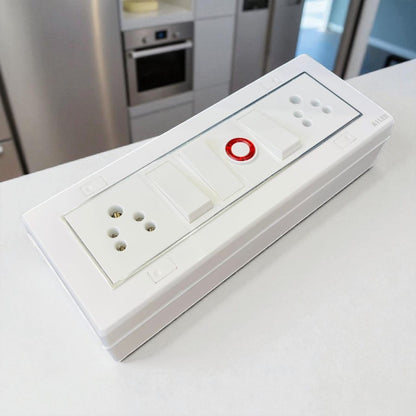 A1 LED Modular Switch Board with 2 Universal Sockets, 3 Rocker Switches, Indicator Light | 8 Module Silver Line Design | White Panel for Home, Office & Commercial Use A1 LED