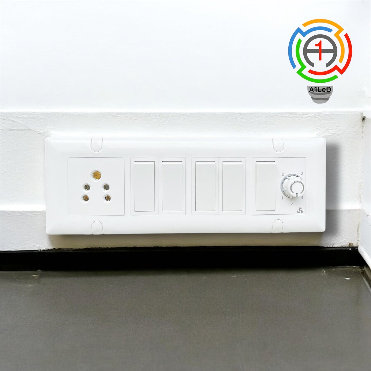 Premium 8 Module Surface Wall-Mounted Switch Board – 5 Switches, 1 Regulator, 1 Socket | Complete Electrical Set (White) A1 LED