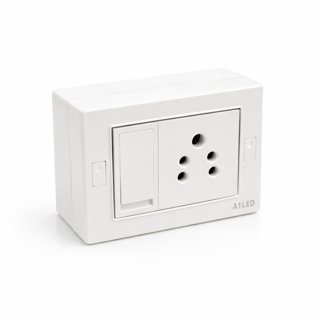 A1 LED 3 Modular Surface Gang Box | 6A Socket & 10A Flat Switch | Silver Line | Fire-Resistant ABS Plastic | For Home, Office & Shop A1 LED