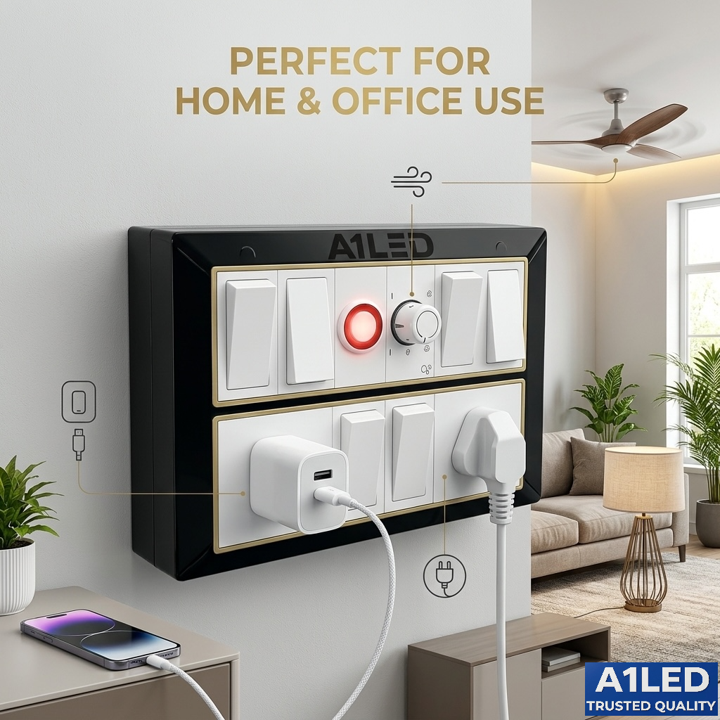 A1LED 12 Modular Switch Board with Regulator & Indicator | 6 Switches 10A, 2 Sockets 6A | Wall Mount Electrical Board | Black & Gold Finish A1 LED