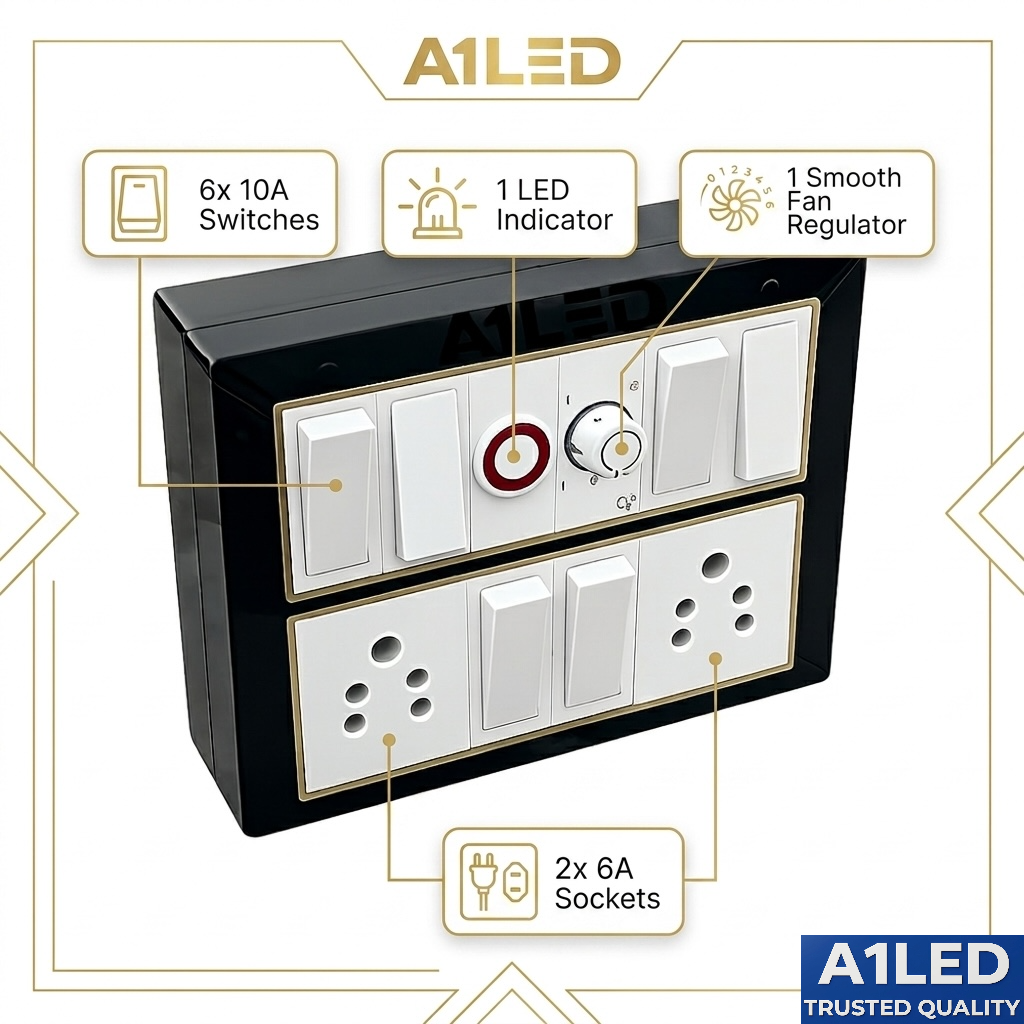 A1LED 12 Modular Switch Board with Regulator & Indicator | 6 Switches 10A, 2 Sockets 6A | Wall Mount Electrical Board | Black & Gold Finish A1 LED