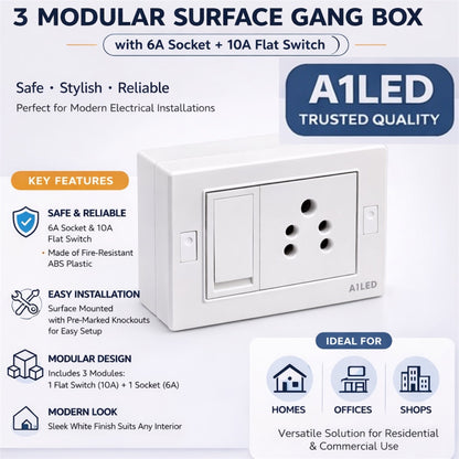 A1 LED 3 Modular Surface Gang Box | 6A Socket & 10A Flat Switch | Silver Line | Fire-Resistant ABS Plastic | For Home, Office & Shop A1 LED