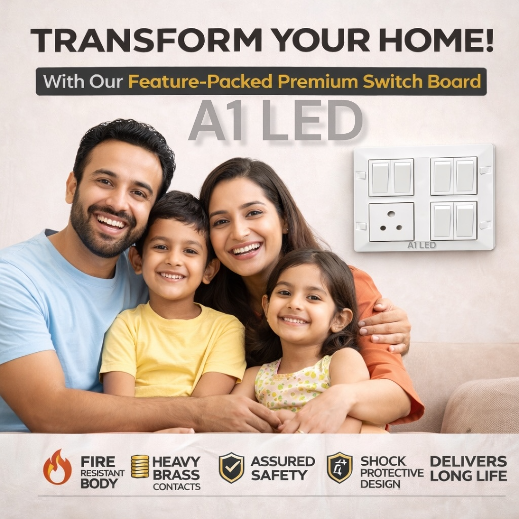 A1 LED 8 Modular Square Switch Board with 6 Switch & 1 Socket Premium Silver Line Modular Electrical Board Wall Mounted Installation Kit Included A1 LED
