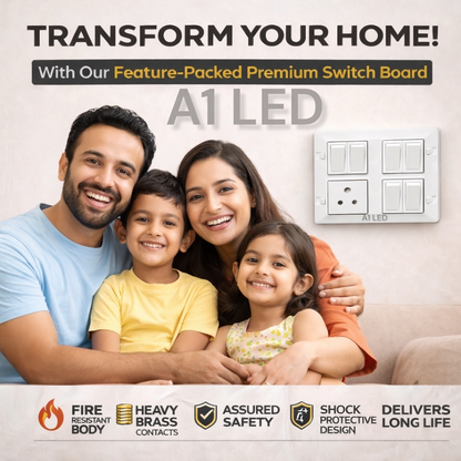 A1 LED 8 Modular Square Switch Board with 6 Switch & 1 Socket Premium Silver Line Modular Electrical Board Wall Mounted Installation Kit Included A1 LED