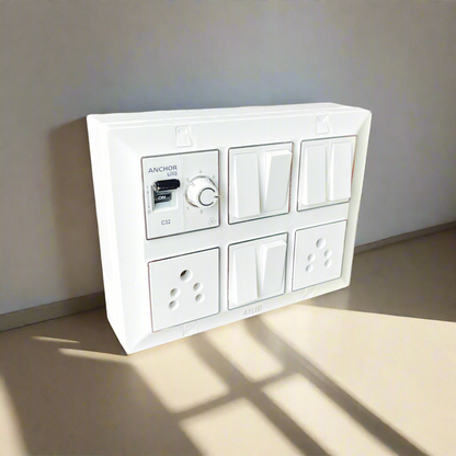 12 Module Silver Line Electrical Panel | 32A Mini SP MCB | 1 Fan Regulator, 6 Switches, 2 Universal Sockets - Premium Modular Design for Homes & Offices A1 LED
