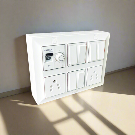12 Module Silver Line Electrical Panel | 32A Mini SP MCB | 1 Fan Regulator, 6 Switches, 2 Universal Sockets - Premium Modular Design for Homes & Offices A1 LED