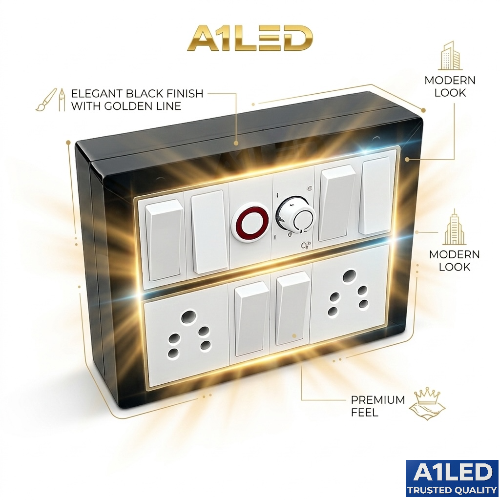 A1LED 12 Modular Switch Board with Regulator & Indicator | 6 Switches 10A, 2 Sockets 6A | Wall Mount Electrical Board | Black & Gold Finish A1 LED