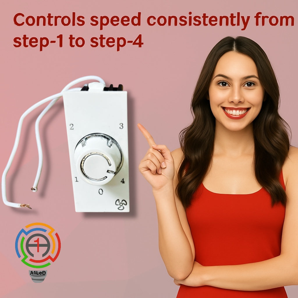 Modular 4-Speed Fan Regulator (Roma Style) – White | Smooth & Silent Operation A1 LED