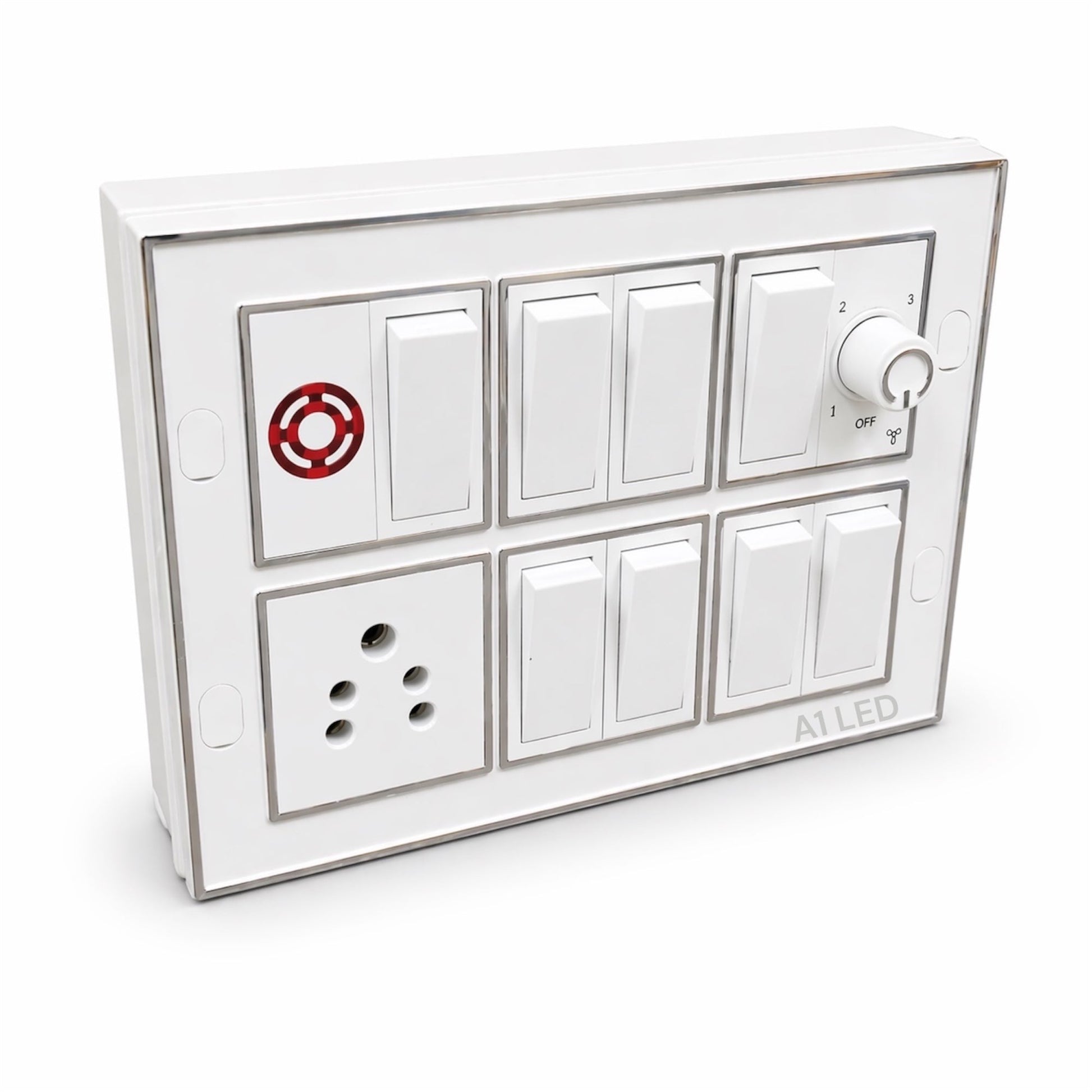 A1 LED 12 Modular Switch Board | 8 Switches, 1 Socket, Fan Regulator & Indicator | Shock Proof & Fire Resistant | Wall Mount with Install Kit | Home, Office & Shop A1 LED