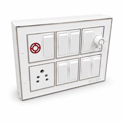 A1 LED 12 Modular Switch Board | 8 Switches, 1 Socket, Fan Regulator & Indicator | Shock Proof & Fire Resistant | Wall Mount with Install Kit | Home, Office & Shop A1 LED