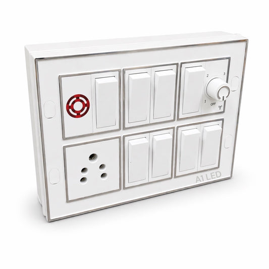 A1 LED 12 Modular Switch Board | 8 Switches, 1 Socket, Fan Regulator & Indicator | Shock Proof & Fire Resistant | Wall Mount with Install Kit | Home, Office & Shop A1 LED