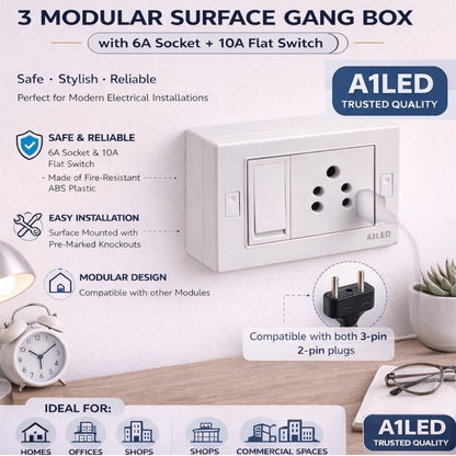 A1 LED 3 Modular Surface Gang Box | 6A Socket & 10A Flat Switch | Silver Line | Fire-Resistant ABS Plastic | For Home, Office & Shop A1 LED