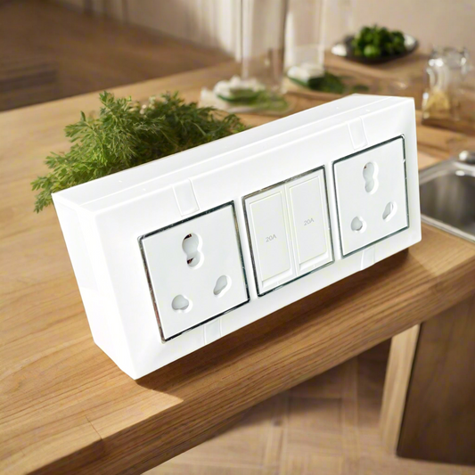 6 Modular Silver Wall Mounted Extension Board | 20A Dual Socket & Dual Switch | Heavy-Duty Gang Box for Home & Office Use A1 LED