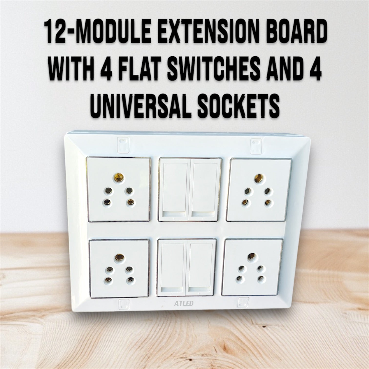 12 Module Extension Board | 4 Modular 10A Switches + 4 Universal Sockets | Heavy-Duty Modular Power Strip | Extension Box for Home, Office & Shop Use A1 LED