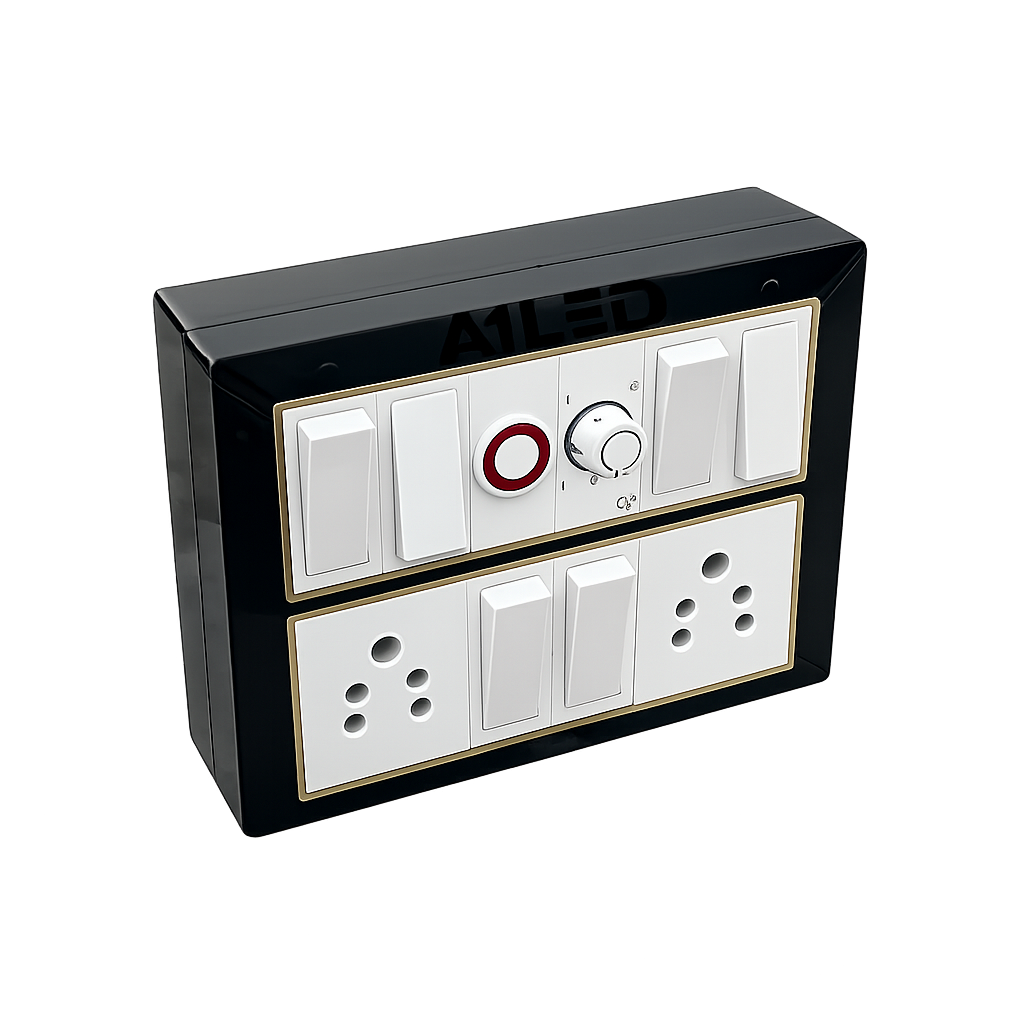 A1LED 12 Modular Switch Board with Regulator & Indicator | 6 Switches 10A, 2 Sockets 6A | Wall Mount Electrical Board | Black & Gold Finish A1 LED