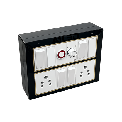 A1LED 12 Modular Switch Board with Regulator & Indicator | 6 Switches 10A, 2 Sockets 6A | Wall Mount Electrical Board | Black & Gold Finish A1 LED