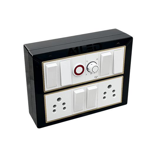 A1LED 12 Modular Switch Board with Regulator & Indicator | 6 Switches 10A, 2 Sockets 6A | Wall Mount Electrical Board | Black & Gold Finish A1 LED