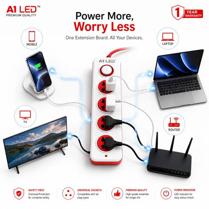 A1 LED Extension Board – 4 Universal Sockets with Master Push Button Switch | 2.5 Meter Wire