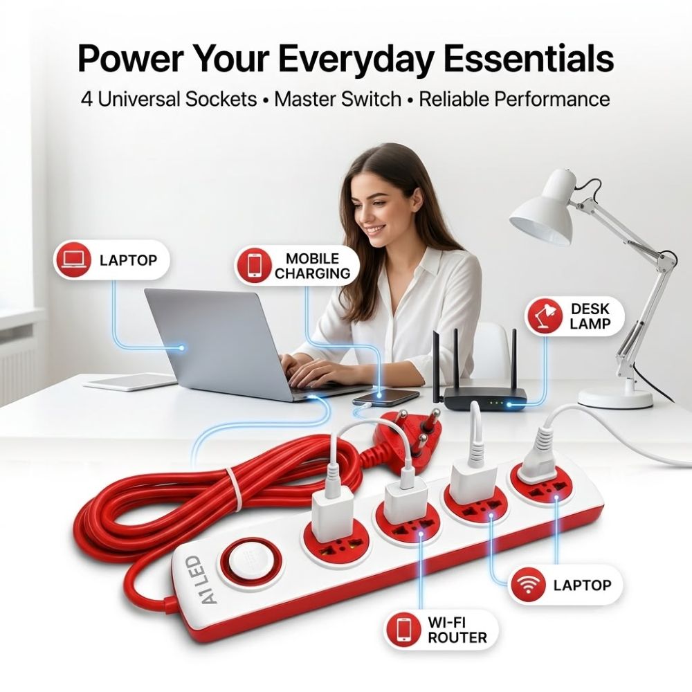A1 LED Extension Board – 4 Universal Sockets with Master Push Button Switch | 2.5 Meter Wire