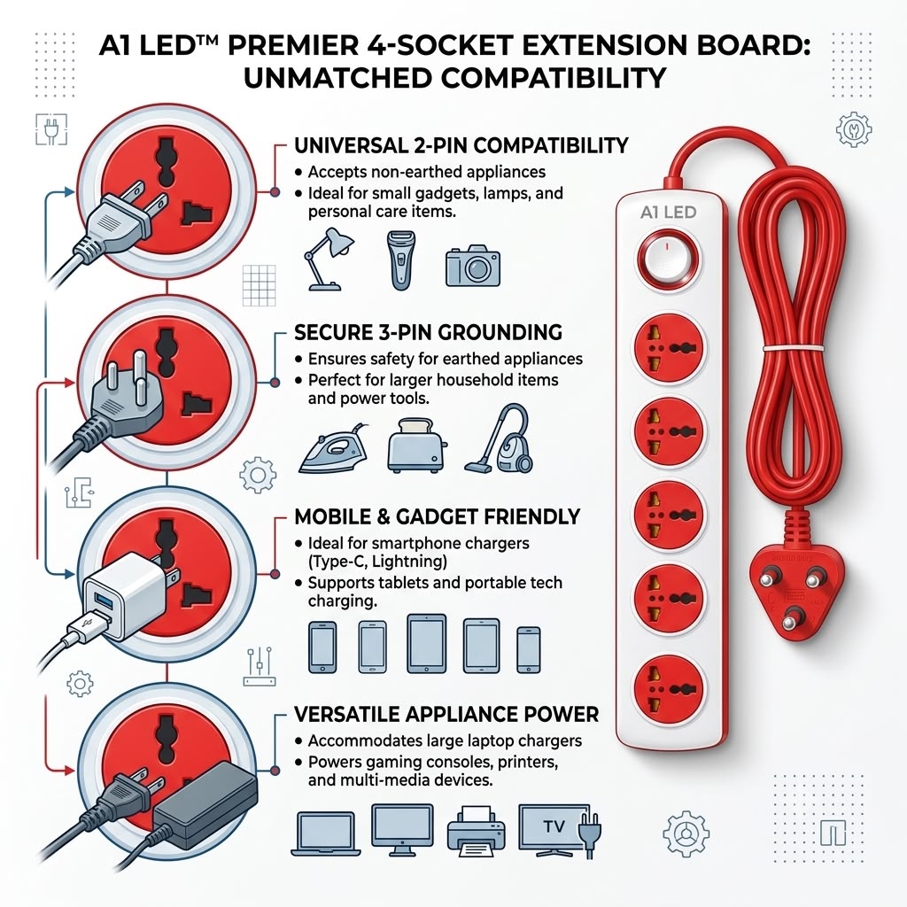 A1 LED Extension Board – 4 Universal Sockets with Master Push Button Switch | 2.5 Meter Wire