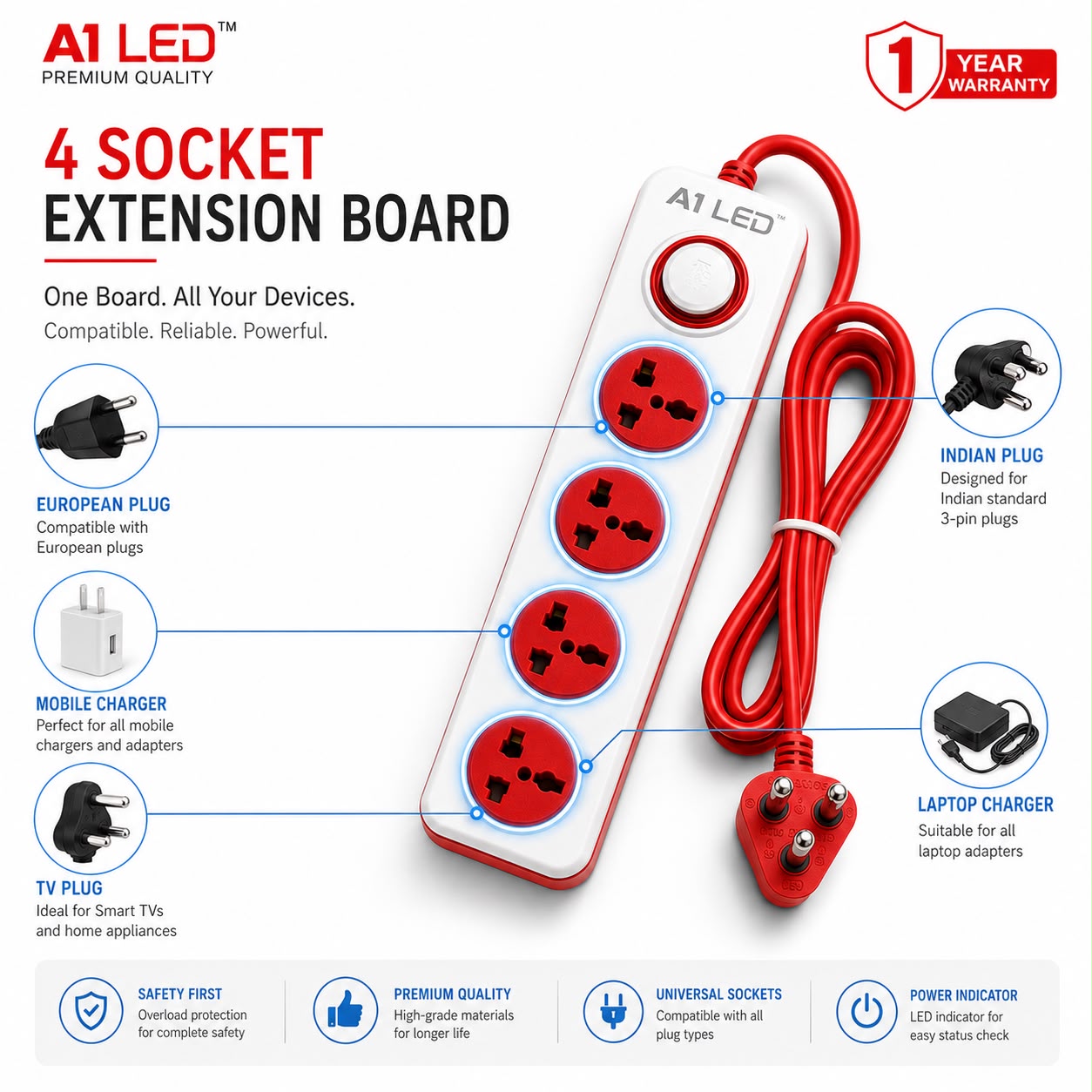A1 LED Extension Board – 4 Universal Sockets with Master Push Button Switch | 2.5 Meter Wire