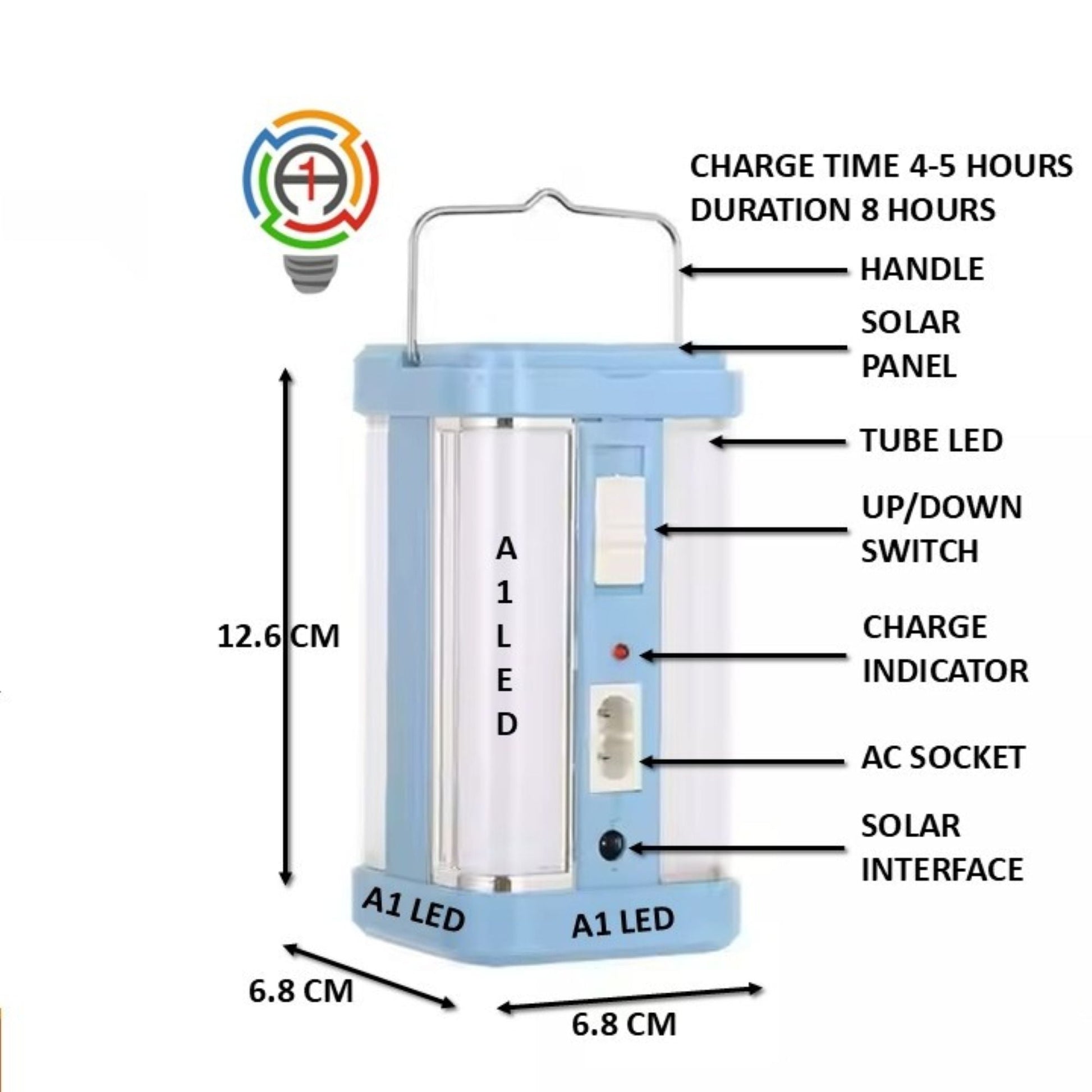 A1 LED Solar Rechargeable LED Lantern – Portable Emergency Tube Light with AC & Solar Charging (12.6cm A1 LED