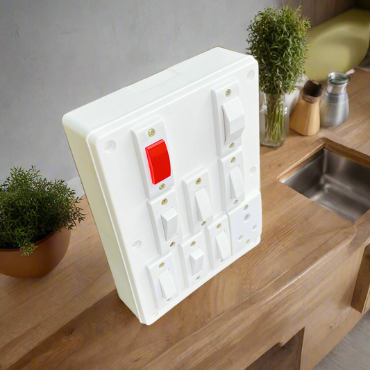 8x6 Modular Switch Board – 6 Switches, 1 Socket, 1 Fuse, 1 Indicator | Installation Kit Included A1 LED