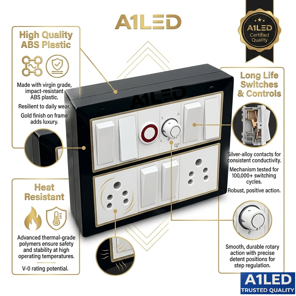 A1LED 12 Modular Switch Board with Regulator & Indicator | 6 Switches 10A, 2 Sockets 6A | Wall Mount Electrical Board | Black & Gold Finish A1 LED