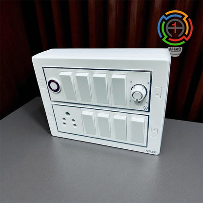 A1LED 12 Modular Silver Line Switch Board | Pre-Wired Wall Mount Ready Board with 8×10A Switches, 6A Switch, 5 Pin Socket, Fan Regulator & Indicator, Durable and Easy to Install A1 LED