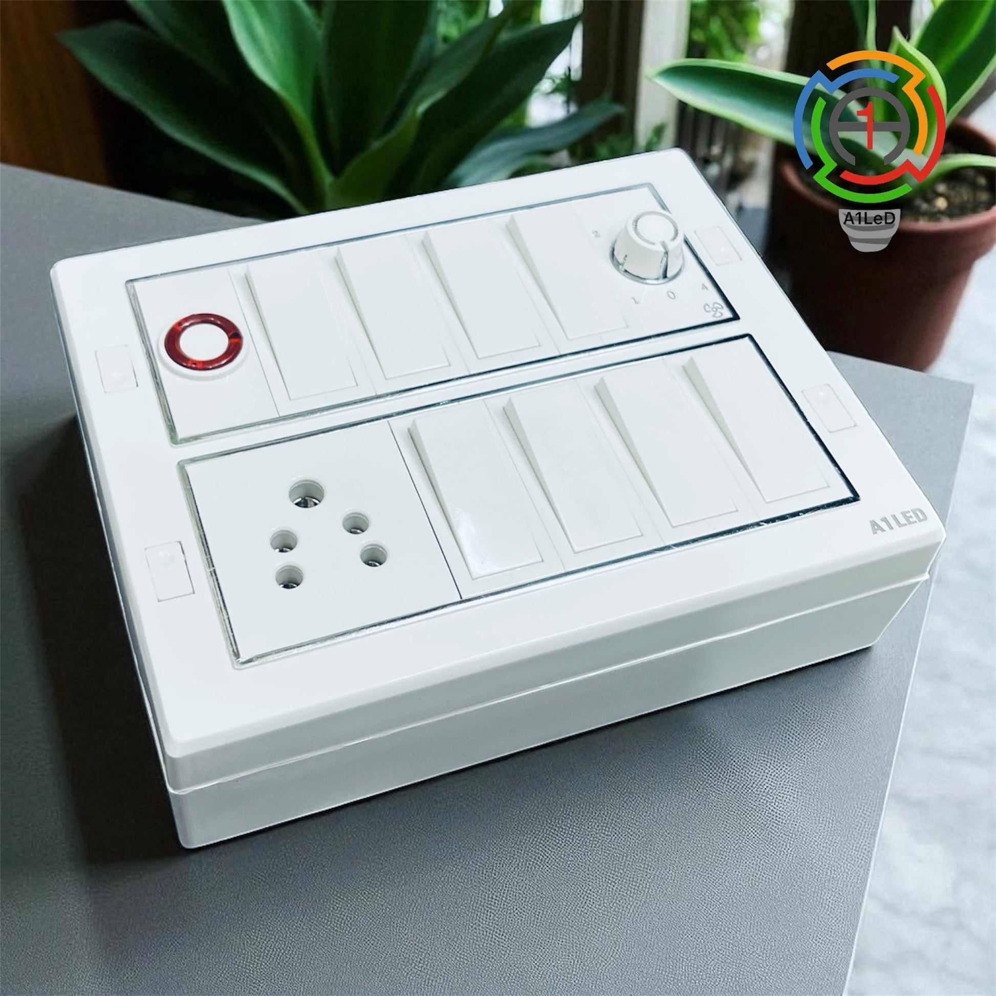 A1LED 12 Modular Silver Line Switch Board | Pre-Wired Wall Mount Ready Board with 8×10A Switches, 6A Switch, 5 Pin Socket, Fan Regulator & Indicator, Durable and Easy to Install A1 LED