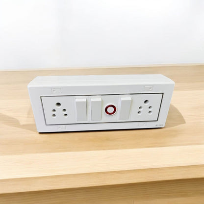 A1 LED Modular Switch Board with 2 Universal Sockets, 3 Rocker Switches, Indicator Light | 8 Module Silver Line Design | White Panel for Home, Office & Commercial Use A1 LED