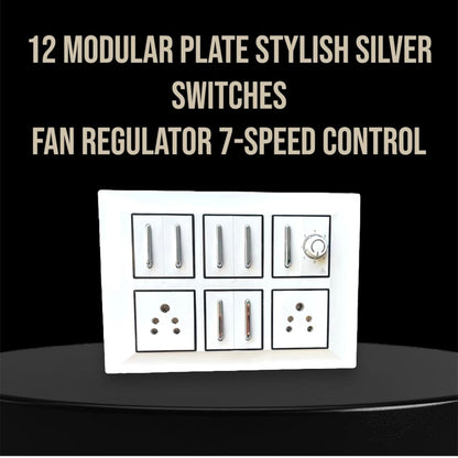 Stylish 12 Modular White Switch Plate Set – 2 Power Sockets, 1 Fan Regulator & 7 Premium Silver Switches A1 LED