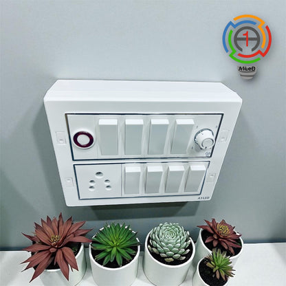 A1LED 12 Modular Silver Line Switch Board | Pre-Wired Wall Mount Ready Board with 8×10A Switches, 6A Switch, 5 Pin Socket, Fan Regulator & Indicator, Durable and Easy to Install A1 LED