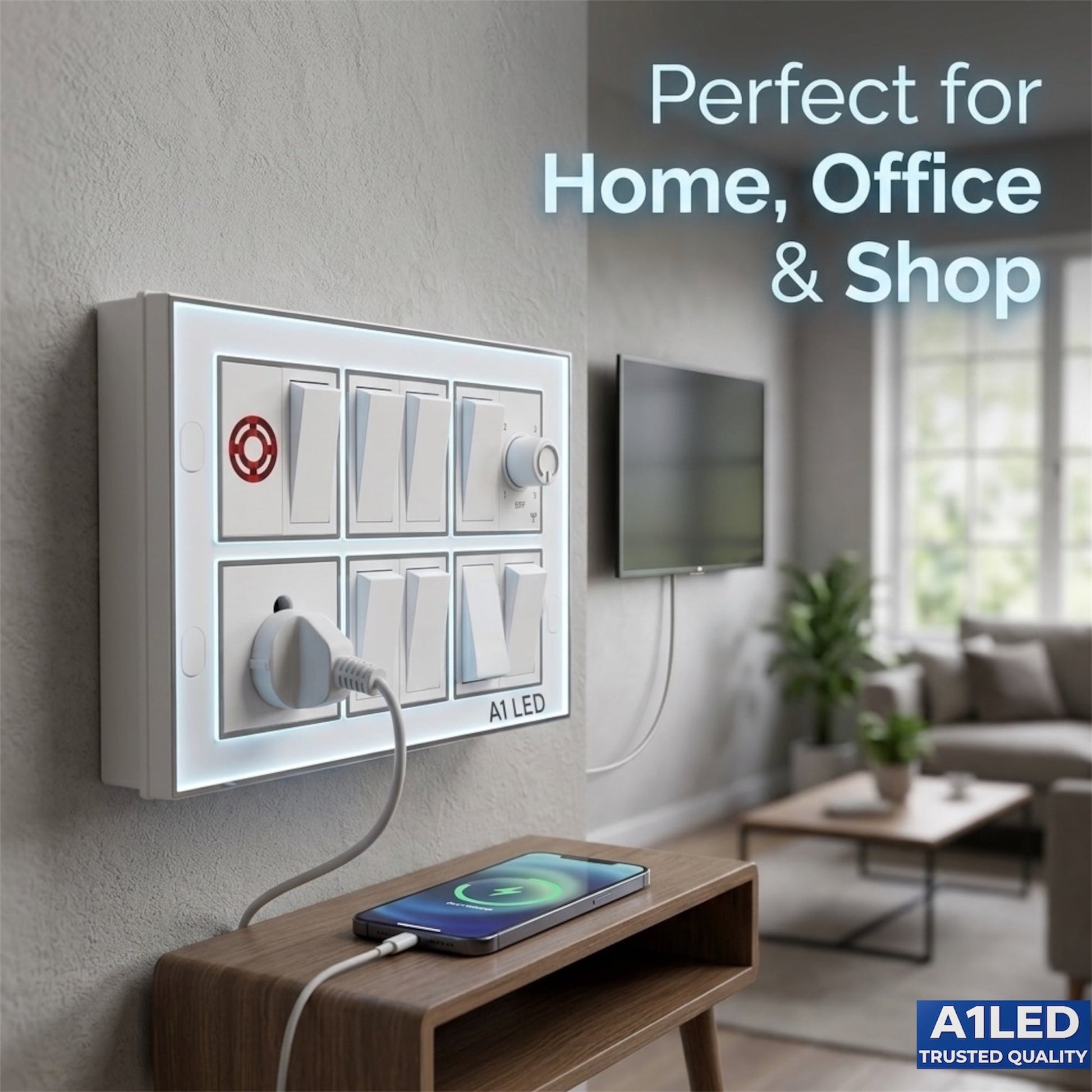 A1 LED 12 Modular Switch Board | 8 Switches, 1 Socket, Fan Regulator & Indicator | Shock Proof & Fire Resistant | Wall Mount with Install Kit | Home, Office & Shop A1 LED