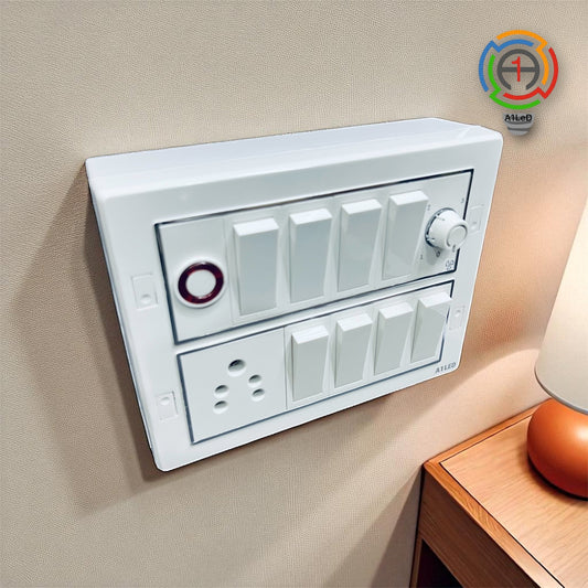 A1LED 12 Modular Silver Line Switch Board | Pre-Wired Wall Mount Ready Board with 8×10A Switches, 6A Switch, 5 Pin Socket, Fan Regulator & Indicator, Durable and Easy to Install A1 LED