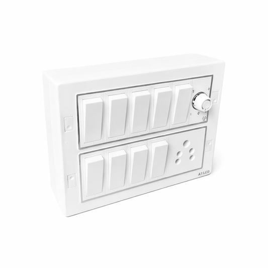 12 Modular Switch Board with 9×10A Switches, 1×6A Socket & Fan Regulator | Silver Line Wall Mount | A1 LED A1 LED