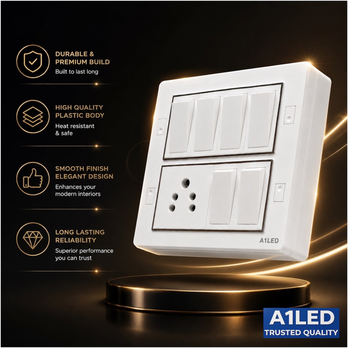 A1LED 8 Module Board – 6 Switch (10A) + 1 Socket (6A) | Ready Board with Install Kit loop A1 LED