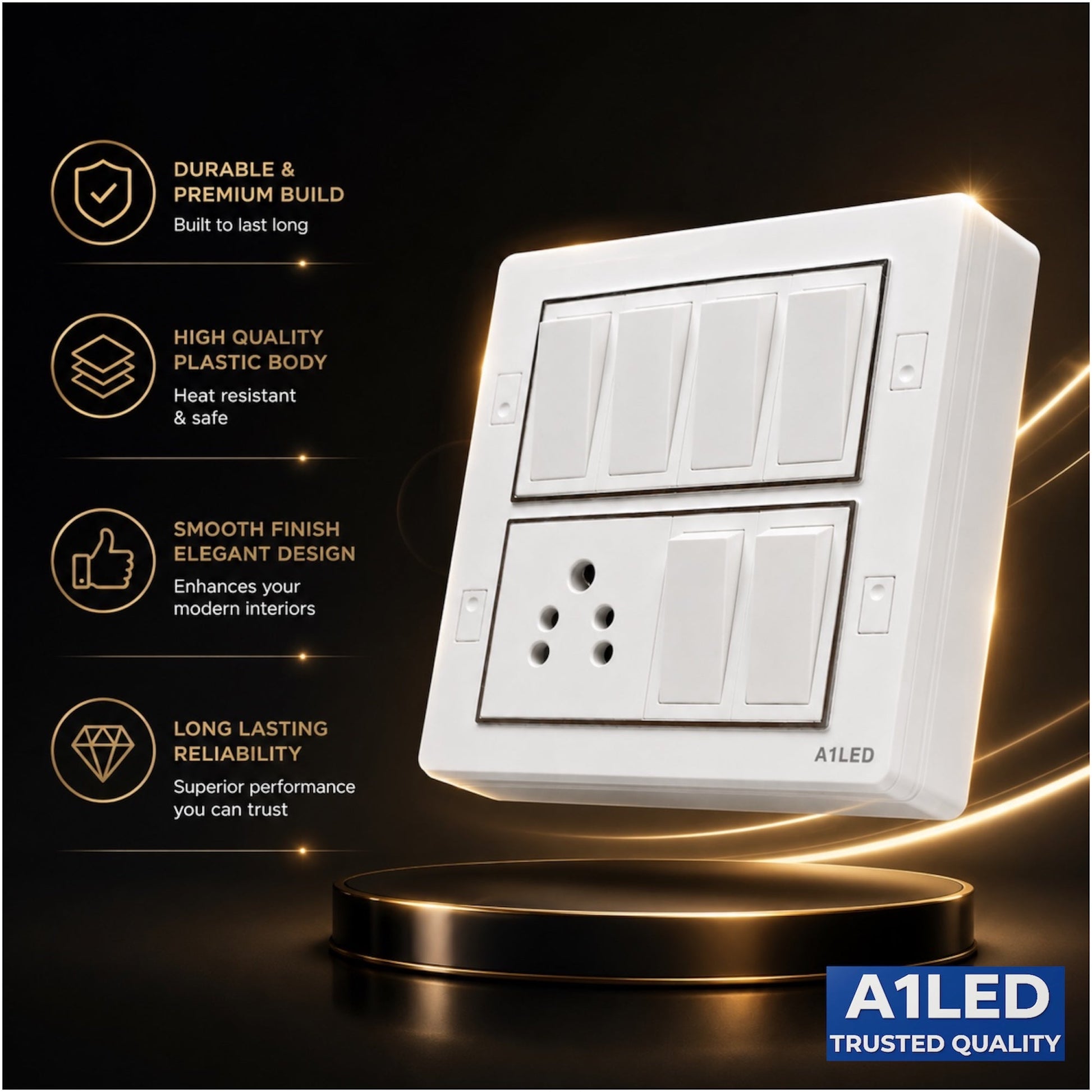 A1LED 8 Module Board – 6 Switch (10A) + 1 Socket (6A) | Ready Board with Install Kit loop A1 LED
