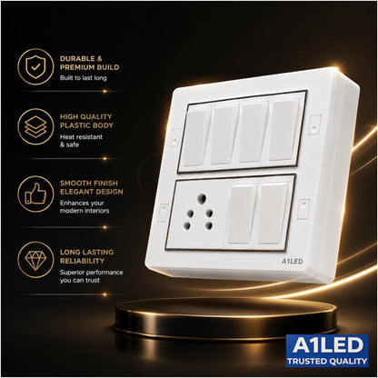 A1LED 8 Module Board – 6 Switch (10A) + 1 Socket (6A) | Ready Board with Install Kit loop A1 LED
