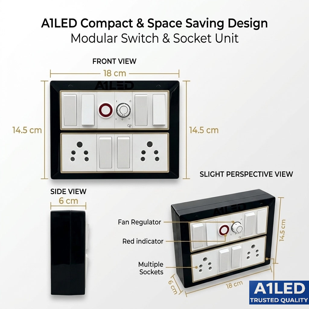 A1LED 12 Modular Switch Board with Regulator & Indicator | 6 Switches 10A, 2 Sockets 6A | Wall Mount Electrical Board | Black & Gold Finish A1 LED