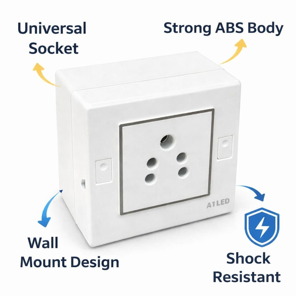 A1 LED 2 Module Modular Switch Board with 1 Socket (6A) – Compact Wall Mount Electric Board, White, Durable & Shock Resistant for Home and Office A1 LED